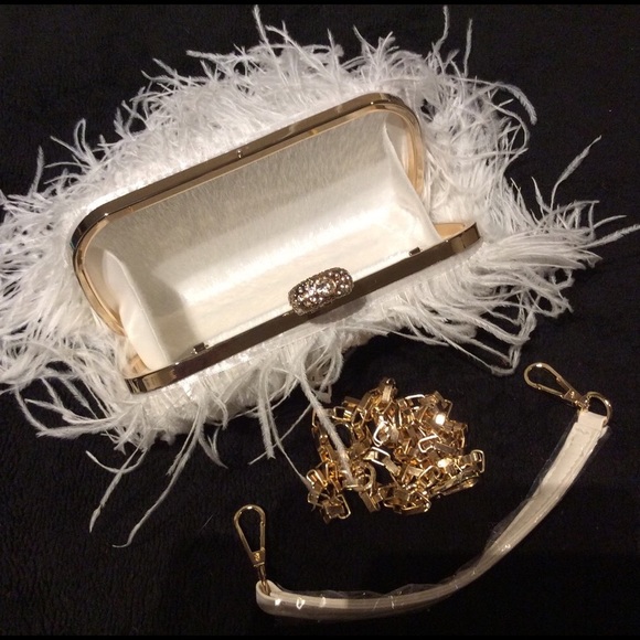 🌸 OSTRICH PURSE FEATHER HARD CLUTCH BAG BOHO CHIC DESIGNER ELITE HANDLE CHAIN - Picture 5 of 12